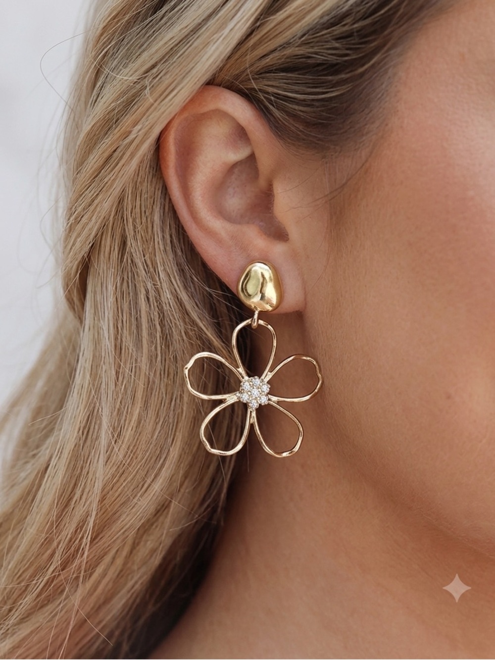 Gold Floral Drop Earrings with White Pearl Accent